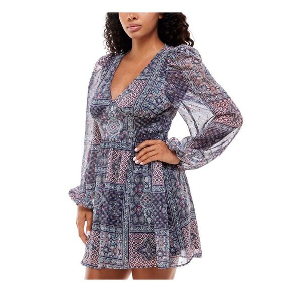 EMERALD SUNDAE Womens Blue Cutout-back Balloon Sleeve Short Dress 9 - Picture 3 of 4